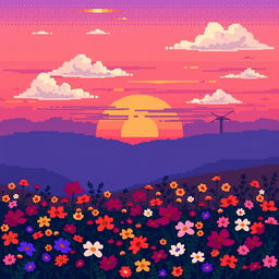 A serene pixel art scene showcasing a field of vibrant flowers silhouetted against a breathtaking sunset