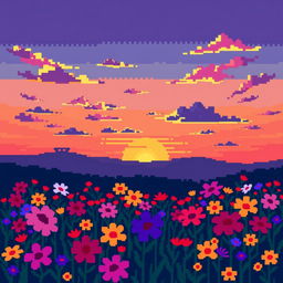 A serene pixel art scene showcasing a field of vibrant flowers silhouetted against a breathtaking sunset