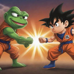 Pepe the Frog and Goku from Dragon Ball in a comic style face-off showdown. Render in ultra-high definition, maintaining dynamic action poses and vibrant colors characteristic of both characters. The background should reflect an intense battle setting.