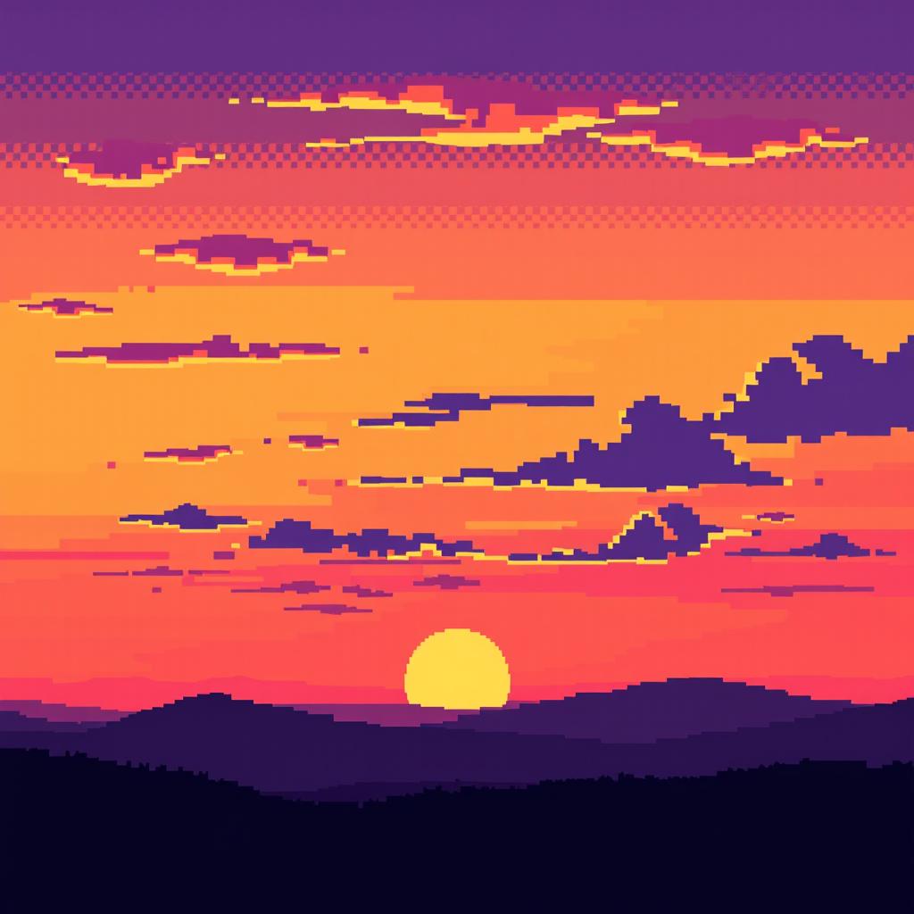 A beautiful pixel art depiction of a sunset, where the sky is filled with a stunning gradient of warm oranges, soft pinks, and deep purples