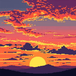 A beautiful pixel art depiction of a sunset, where the sky is filled with a stunning gradient of warm oranges, soft pinks, and deep purples