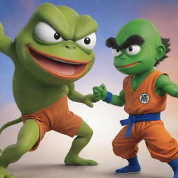 Pepe the Frog and Goku from Dragon Ball in a comic style face-off showdown. Render in ultra-high definition, maintaining dynamic action poses and vibrant colors characteristic of both characters. The background should reflect an intense battle setting.