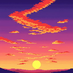 A beautiful pixel art depiction of a sunset, where the sky is filled with a stunning gradient of warm oranges, soft pinks, and deep purples