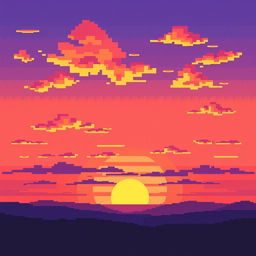 A beautiful pixel art depiction of a sunset, where the sky is filled with a stunning gradient of warm oranges, soft pinks, and deep purples