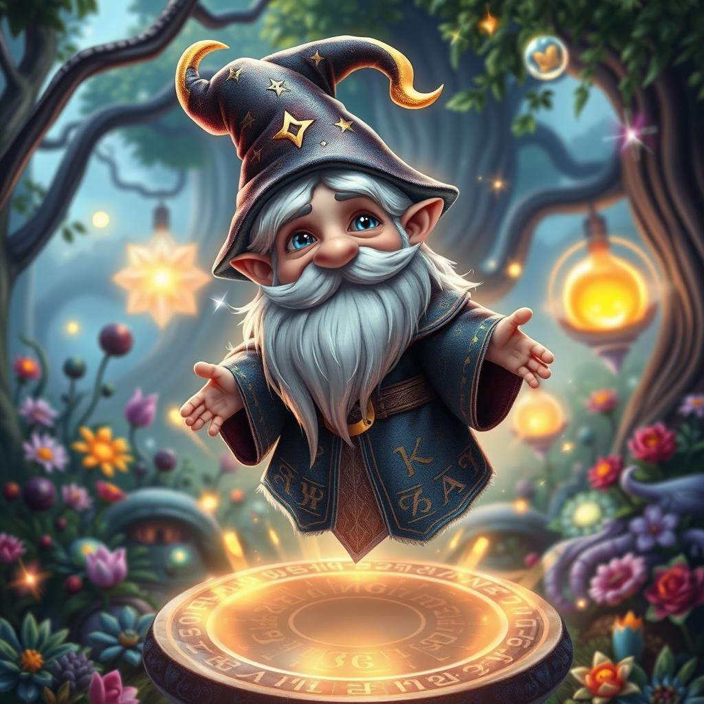 A whimsical fantasy gnome wizard, dressed in an elaborate robe adorned with mystical runes and star patterns