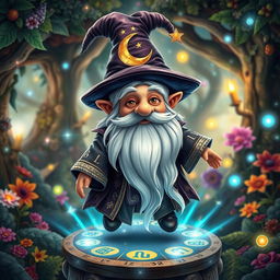 A whimsical fantasy gnome wizard, dressed in an elaborate robe adorned with mystical runes and star patterns