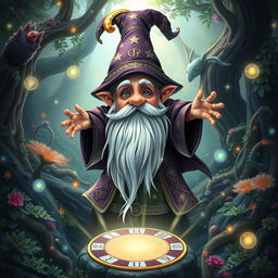 A whimsical fantasy gnome wizard, dressed in an elaborate robe adorned with mystical runes and star patterns