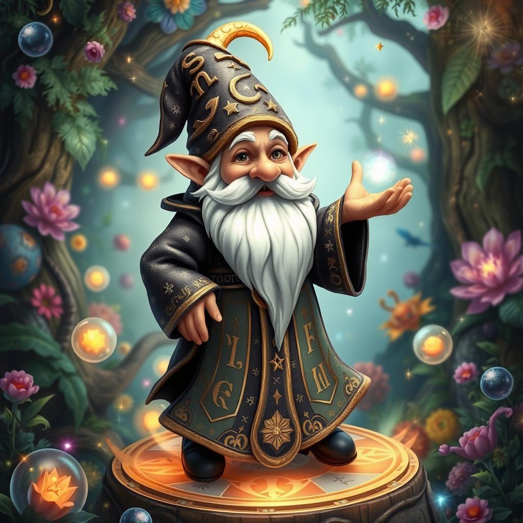 A whimsical fantasy gnome wizard, dressed in an elaborate robe adorned with mystical runes and star patterns