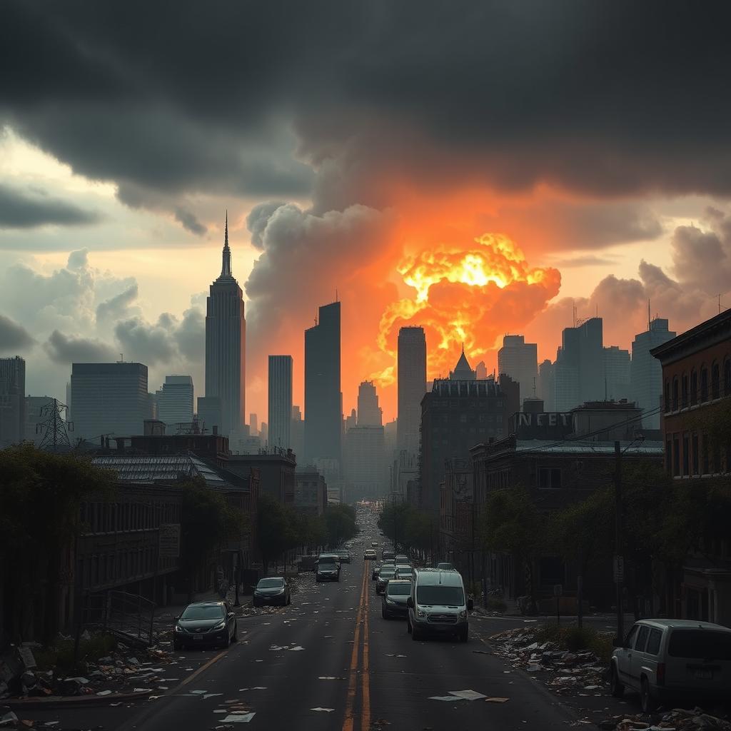 A dystopian scene capturing the aftermath of a nuclear explosion in New York City