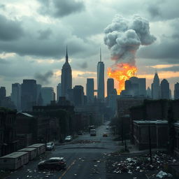 A dystopian scene capturing the aftermath of a nuclear explosion in New York City