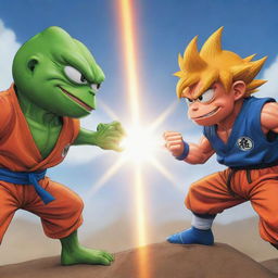 Pepe the Frog and Goku from Dragon Ball in a comic style face-off showdown. Render in ultra-high definition, maintaining dynamic action poses and vibrant colors characteristic of both characters. The background should reflect an intense battle setting.