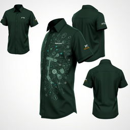 A detailed and visually captivating shirt design in dark green, featuring front, side, and back views tailored for professionals working in FTTH (Fiber To The Home) networks