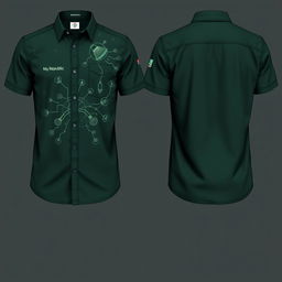 A detailed and visually captivating shirt design in dark green, featuring front, side, and back views tailored for professionals working in FTTH (Fiber To The Home) networks