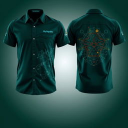 A detailed and visually captivating shirt design in dark green, featuring front, side, and back views tailored for professionals working in FTTH (Fiber To The Home) networks