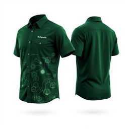 A detailed and visually captivating shirt design in dark green, featuring front, side, and back views tailored for professionals working in FTTH (Fiber To The Home) networks