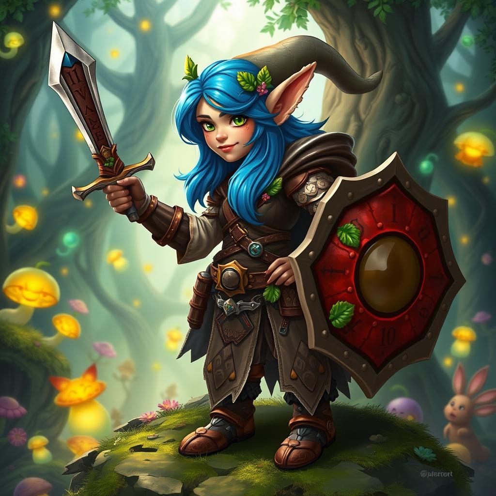 A fantasy character design featuring a gnome woman warrior