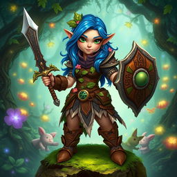 A fantasy character design featuring a gnome woman warrior