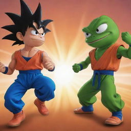 Pepe the Frog and Goku from Dragon Ball in a comic style face-off showdown. Render in ultra-high definition, maintaining dynamic action poses and vibrant colors characteristic of both characters. The background should reflect an intense battle setting.