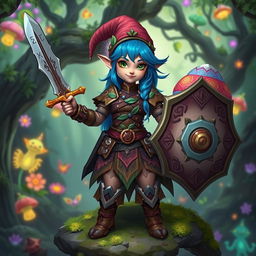 A fantasy character design featuring a gnome woman warrior