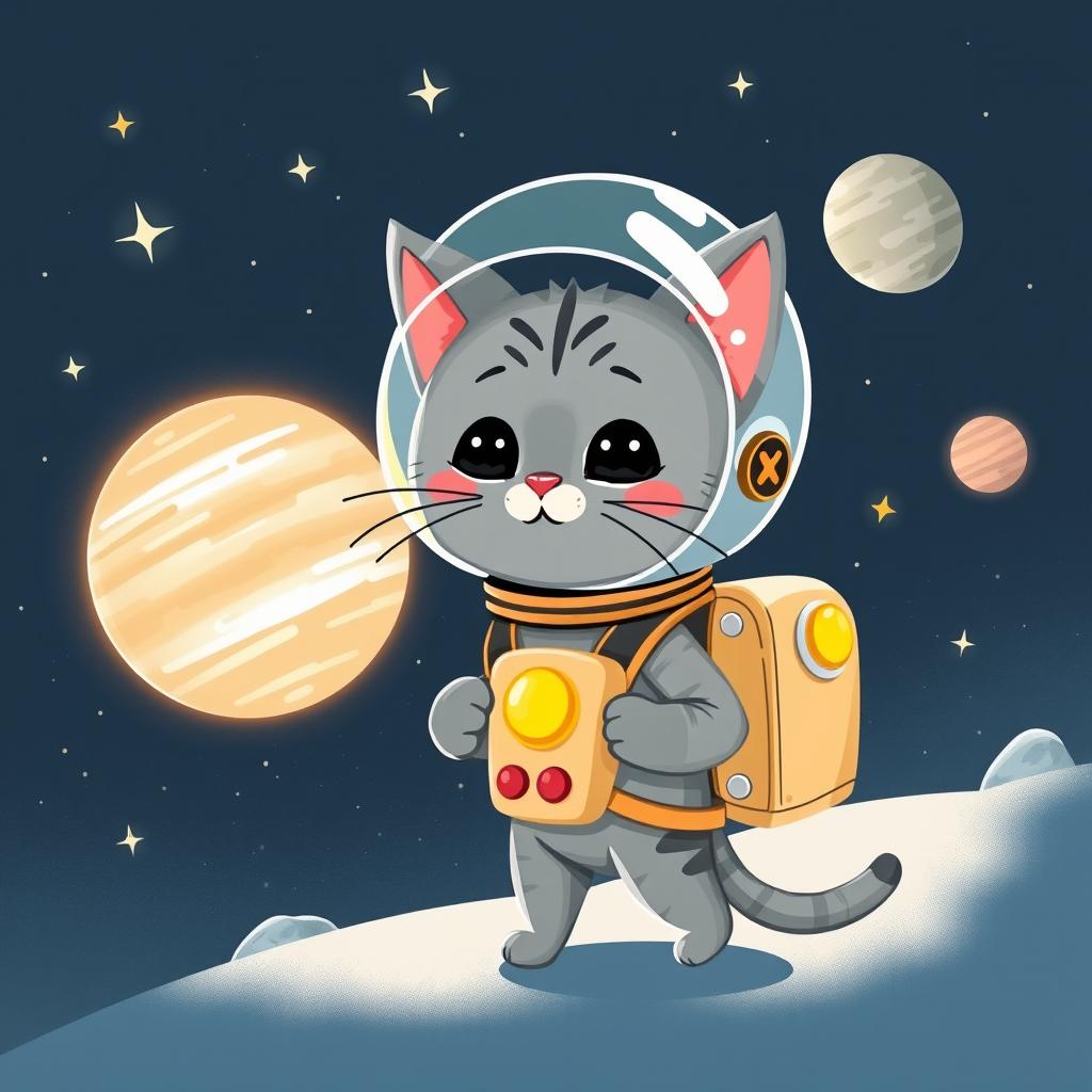 A whimsical illustration of a curious gray cat named Gray, wearing a delightful space helmet, embarking on an adventure through space