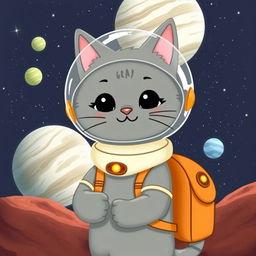 A whimsical illustration of a curious gray cat named Gray, wearing a delightful space helmet, embarking on an adventure through space