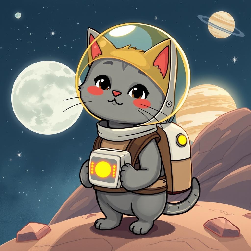 A whimsical illustration of a curious gray cat named Gray, wearing a delightful space helmet, embarking on an adventure through space