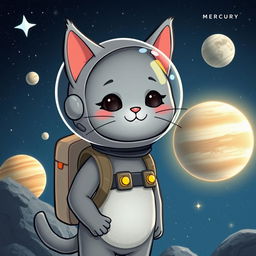 A whimsical illustration of a curious gray cat named Gray, wearing a delightful space helmet, embarking on an adventure through space