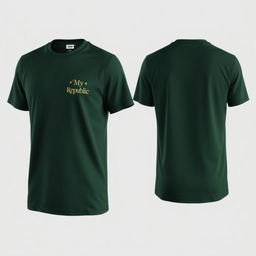 A plain short-sleeved shirt design in dark green, featuring front, side, and back views