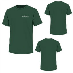 A plain short-sleeved shirt design in dark green, featuring front, side, and back views