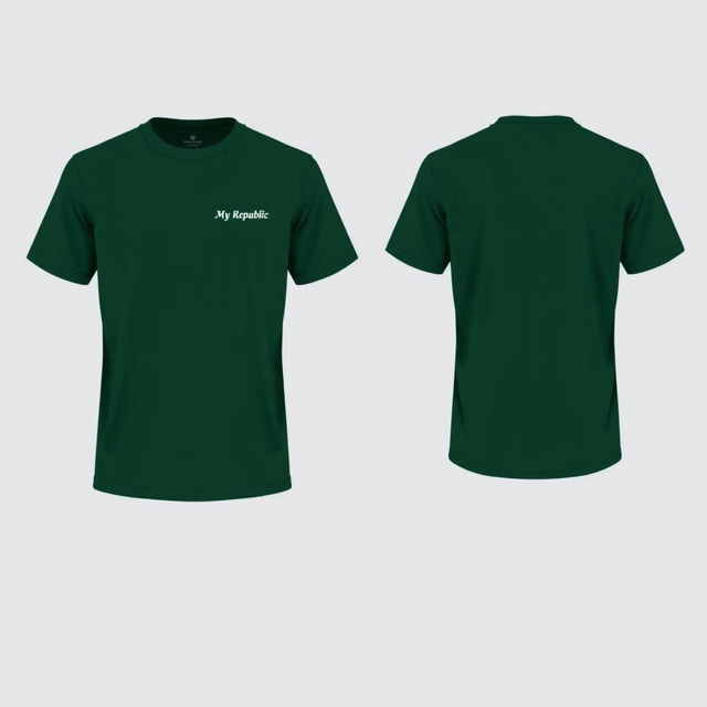 A plain short-sleeved shirt design in dark green, featuring front, side, and back views