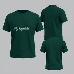 A plain short-sleeved shirt design in dark green, featuring front, side, and back views