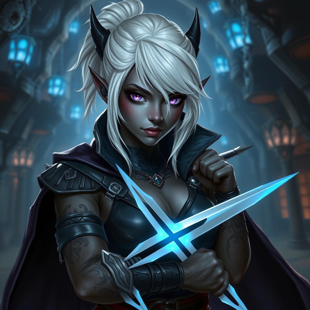 A fantasy character depicting a female drow rogue, also known as a picaro, with dark skin and striking white hair styled in an elegant yet rugged way