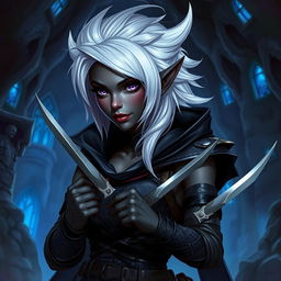 A fantasy character depicting a female drow rogue, also known as a picaro, with dark skin and striking white hair styled in an elegant yet rugged way