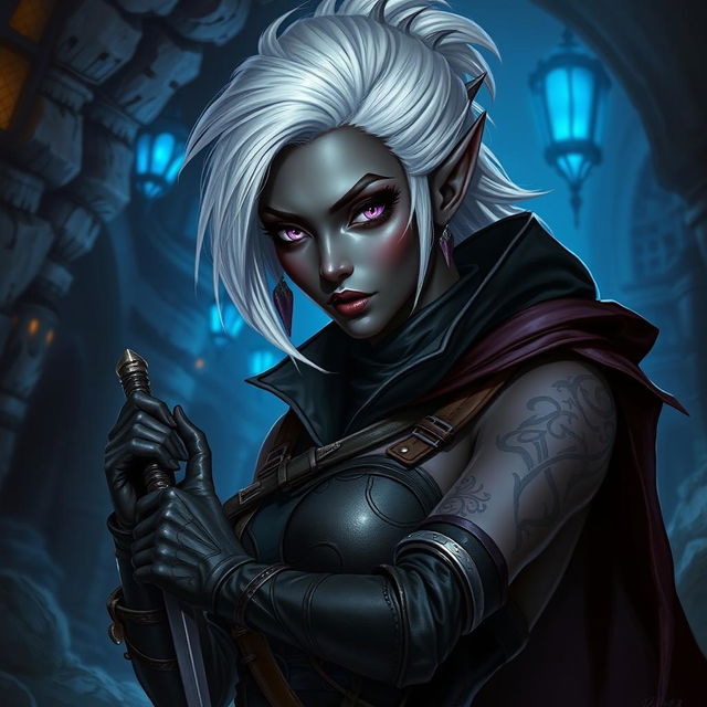 A fantasy character depicting a female drow rogue, also known as a picaro, with dark skin and striking white hair styled in an elegant yet rugged way