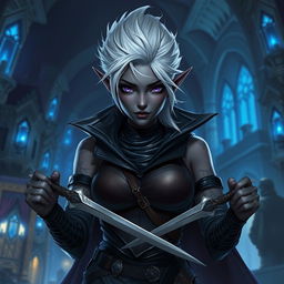 A fantasy character depicting a female drow rogue, also known as a picaro, with dark skin and striking white hair styled in an elegant yet rugged way