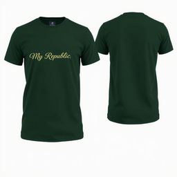 A plain short-sleeved shirt design in dark green, featuring front, side, and back views