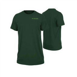 A plain short-sleeved shirt design in dark green, featuring front, side, and back views