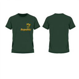 A plain short-sleeved shirt design in dark green, featuring front, side, and back views