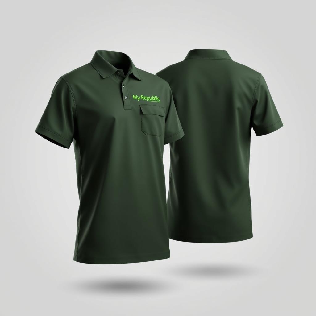 A professional uniform design for FTTH (Fiber To The Home) field workers in dark green, featuring front, side, and back views