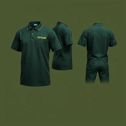 A professional uniform design for FTTH (Fiber To The Home) field workers in dark green, featuring front, side, and back views