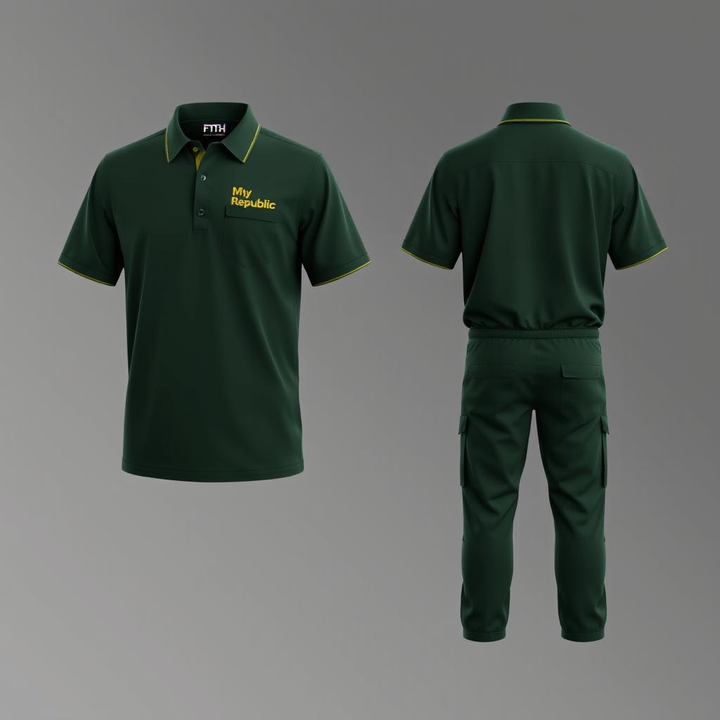 A professional uniform design for FTTH (Fiber To The Home) field workers in dark green, featuring front, side, and back views