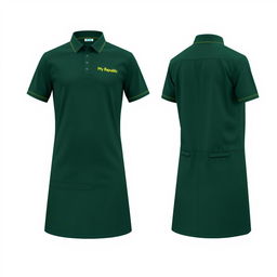 A professional uniform design for FTTH (Fiber To The Home) field workers in dark green, featuring front, side, and back views