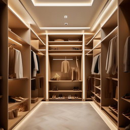An elegantly designed walk-in closet of dimensions 3 meters by 1.2 meters, exuding sophistication with premium materials, various high-end garments, and stylish accessories.