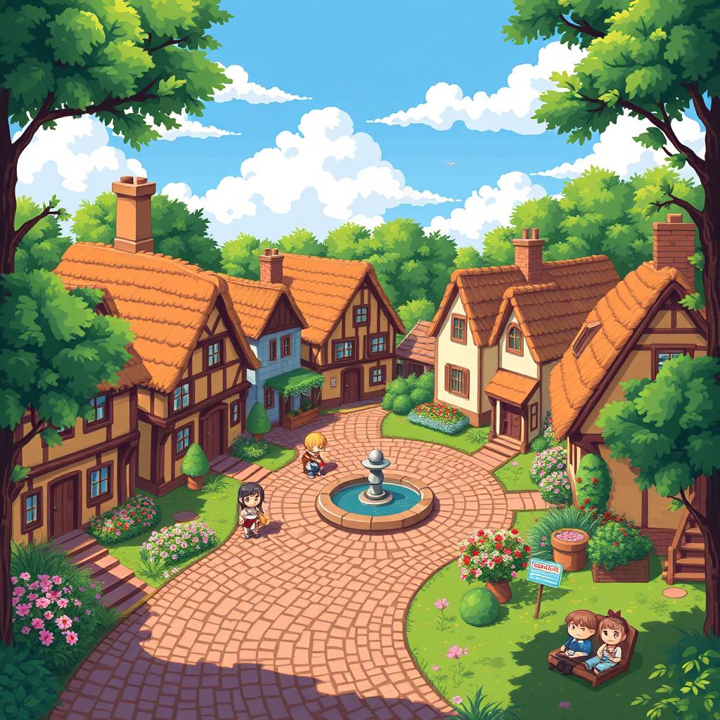 A charming pixel art village scene showcasing colorful cottages with thatched roofs and blooming gardens