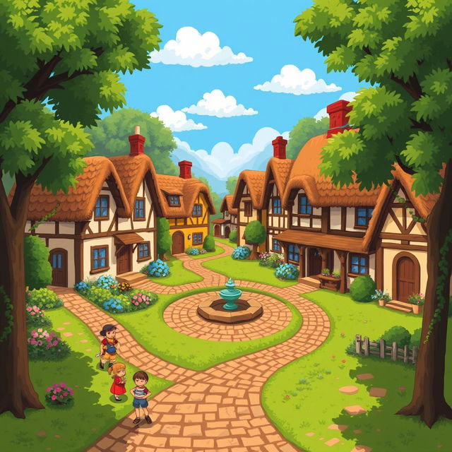 A charming pixel art village scene showcasing colorful cottages with thatched roofs and blooming gardens