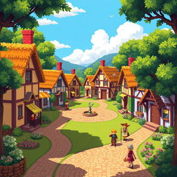 A charming pixel art village scene showcasing colorful cottages with thatched roofs and blooming gardens