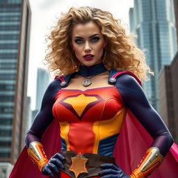 A stunning blonde woman with luxurious curly hair, dressed in a vibrant superhero cosplay that combines elements of strength and elegance