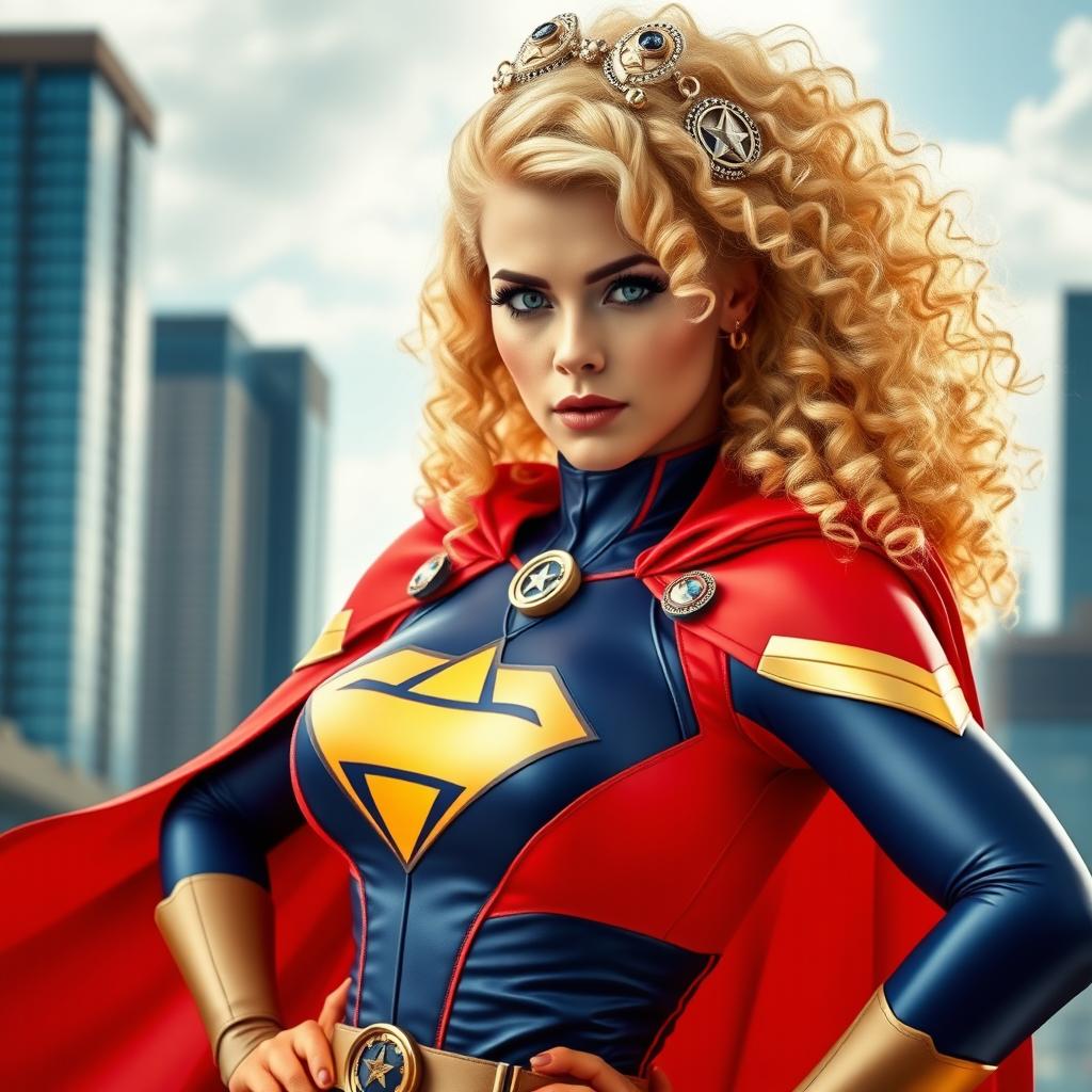 A stunning blonde woman with luxurious curly hair, dressed in a vibrant superhero cosplay that combines elements of strength and elegance