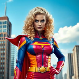 A stunning blonde woman with luxurious curly hair, dressed in a vibrant superhero cosplay that combines elements of strength and elegance