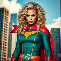 A stunning blonde woman with luxurious curly hair, dressed in a vibrant superhero cosplay that combines elements of strength and elegance